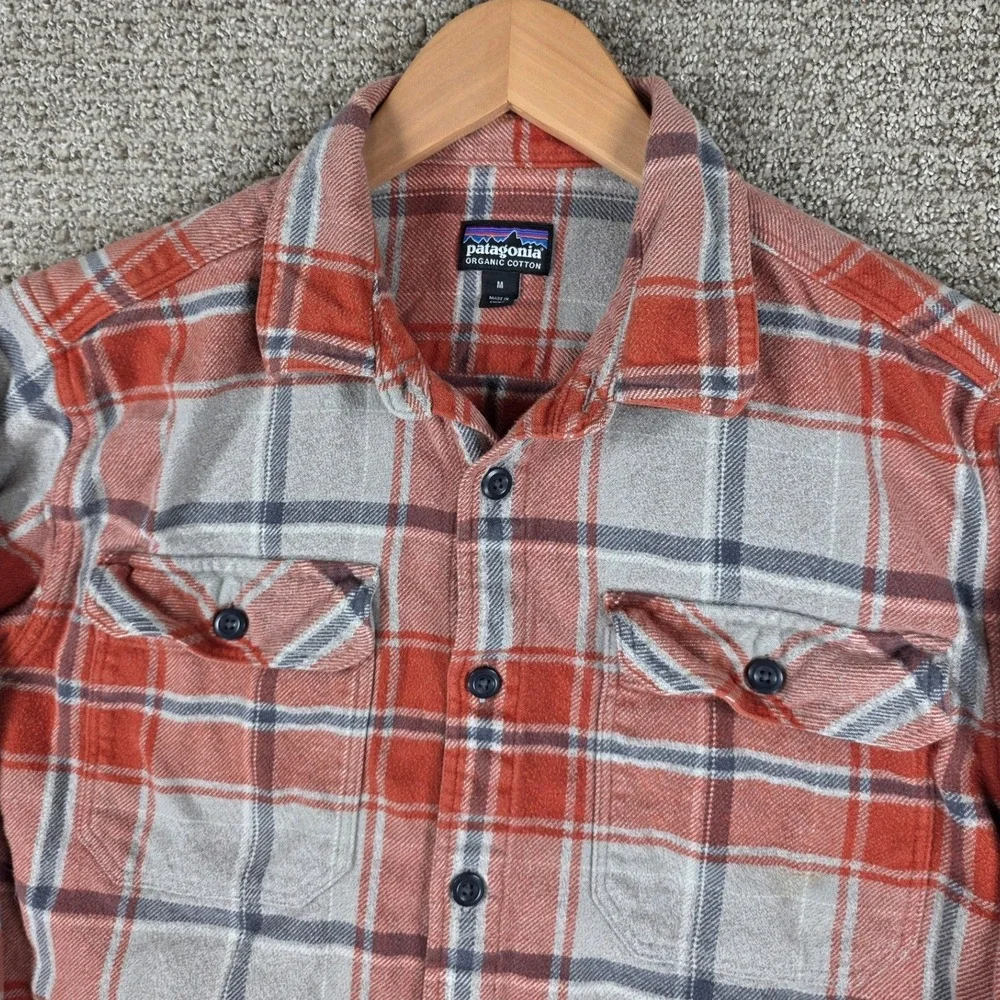 Patagonia Mens‎ Cotton Fjord Flannel Shirt Medium Orange Long Sleeve Plaid